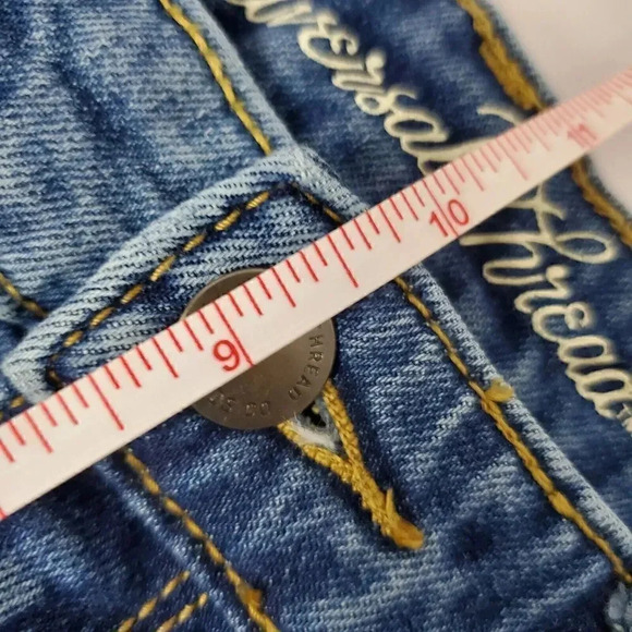 Women's UNIVERSAL THREAD Jeans Patchwork Straight Mid Rise SZ 6/28R Med Ligh Raw - Picture 12 of 12